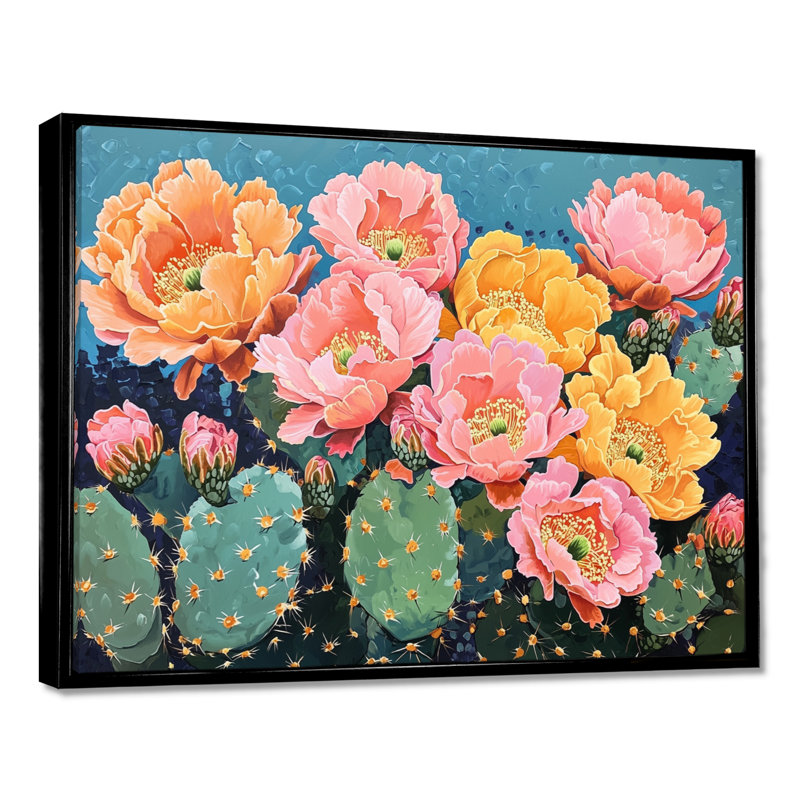 Rose et orange cactus Bloom II - cactus floral, reproduction sur toile, H 34 po x l 44 po, Noir