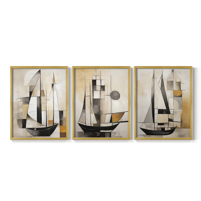 Série Sea and Shore Lxxxv - Ensemble de 3 estampes numériques encadrées - Prêt à être accroché, H 20 po x l 48 po, Doré