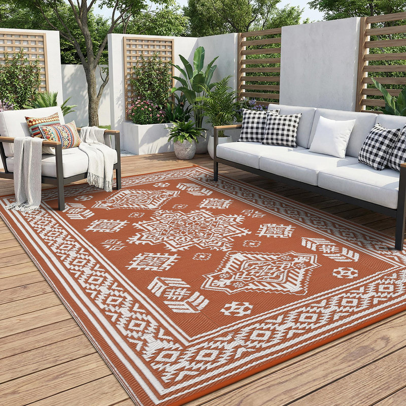 Outdoor Rug Plastic Straw Rugs with Storage Bag, 4 Stakes, for Patio Deck, Runner 9' x 18', Red