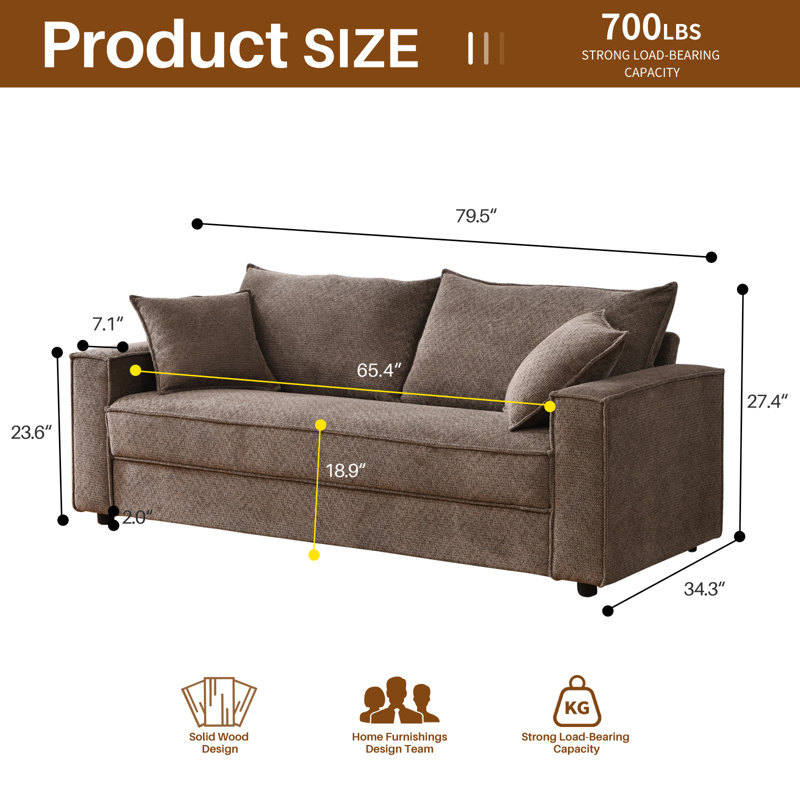Alcantara 3-Seater 79.5'' Modern Upholstered Sofa with Square Armrests and 2 Throw Pillows, Coffee