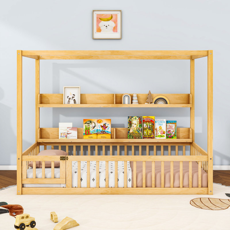 Wooden Floor Bed With Canopy Design, Built-In Shelves And Safety Guardrails, Natural, Twin