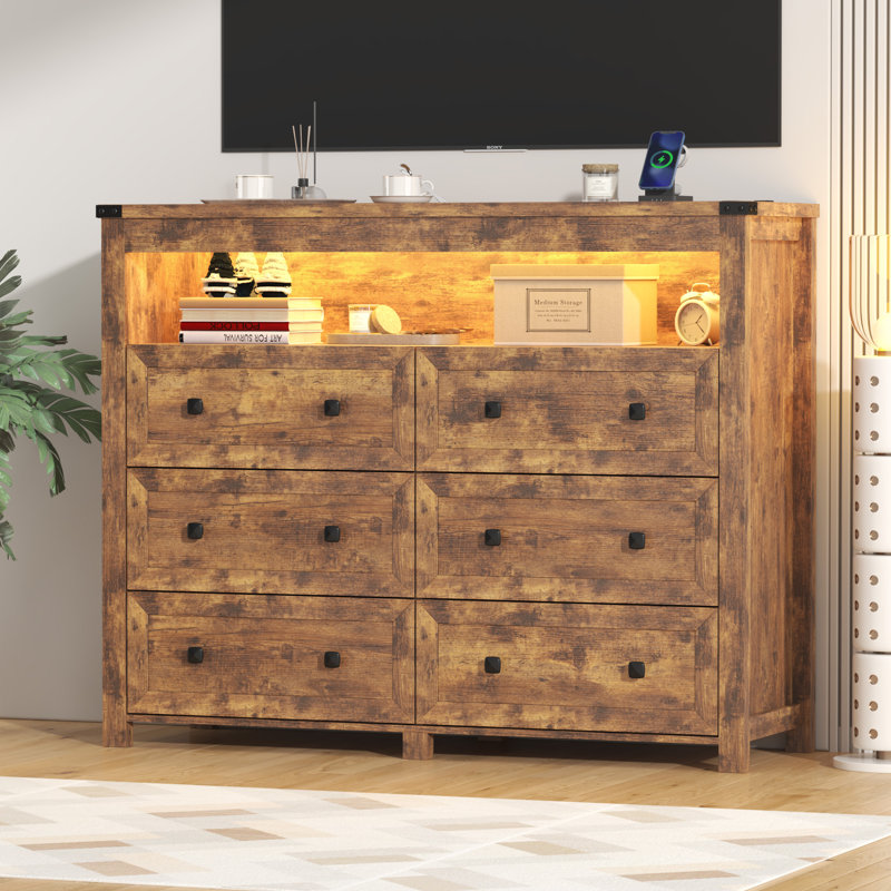 6 Drawer Dresser With Lights And Power Outlet, Brown