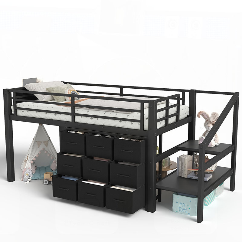 Low Loft Bed with Multi-Storage Spaces, Including Fabric Drawers, Fabric Shelves, Storage Stairs, and Integrated Lights