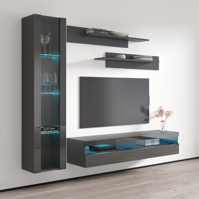Lineberry 85" Modern Floating Wall Mounted Entertainment Center with 16-Color LED Lighting, High Gloss Finish