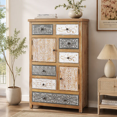 Wooden Accent Cabinet with 6 Drawers and 2 Doors for Living Room, Bedroom, Bathroom
