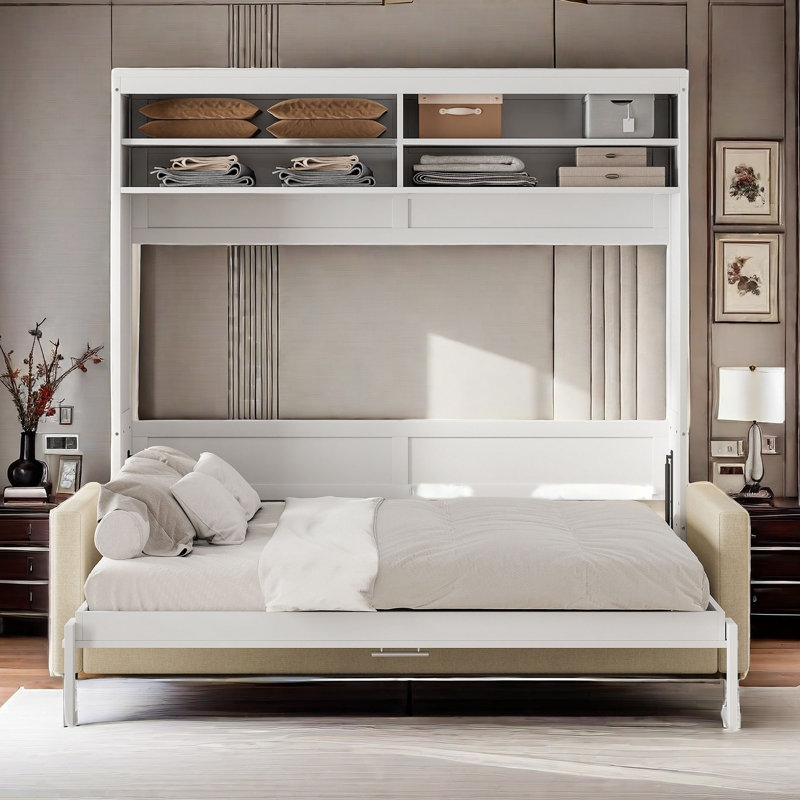 Lit escamotable moderne avec canapé rembourré et tablettes de rangement, Blanc