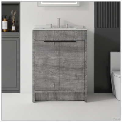 Meuble-lavabo autoportant de 24 po avec lavabo, porte à fermeture douce, comptoir et dosseret en granite blanc cultivé de 0,6 po, contreplaqué, gris