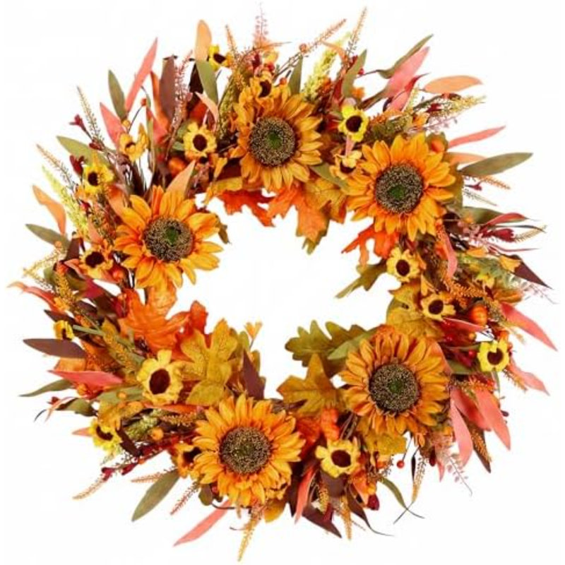 Couronne d'automne de 56 cm (22 pouces) avec tournesols artificiels, décoration murale pour porte d'entrée, style ferme, idéal pour l'Action de grâce, porche, intérieur et extérieur, décoration de récolte.