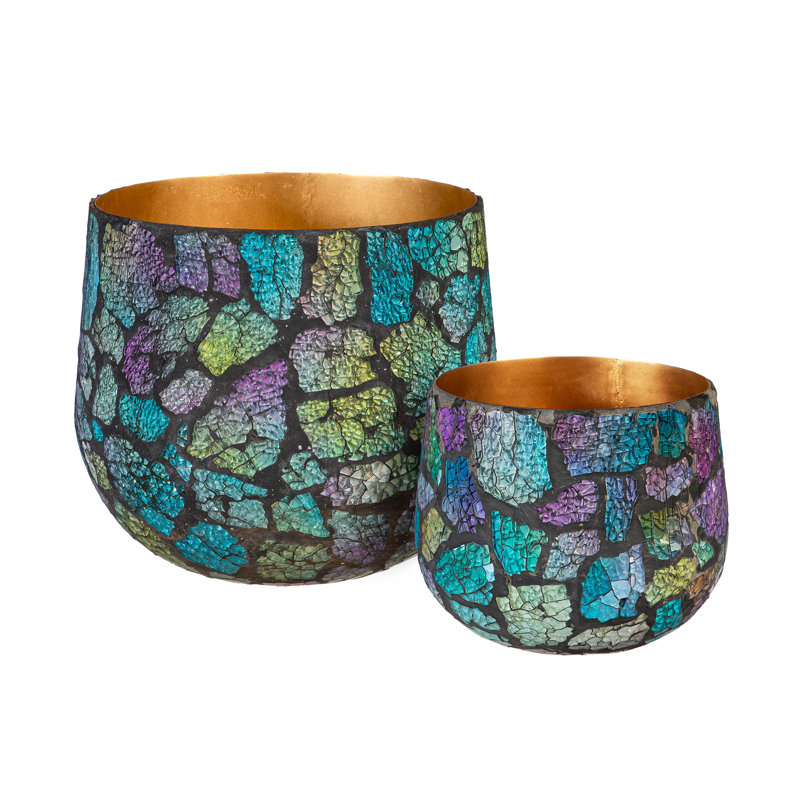 Ensemble de 2 pots à fleurs mosaïques en verre et métal