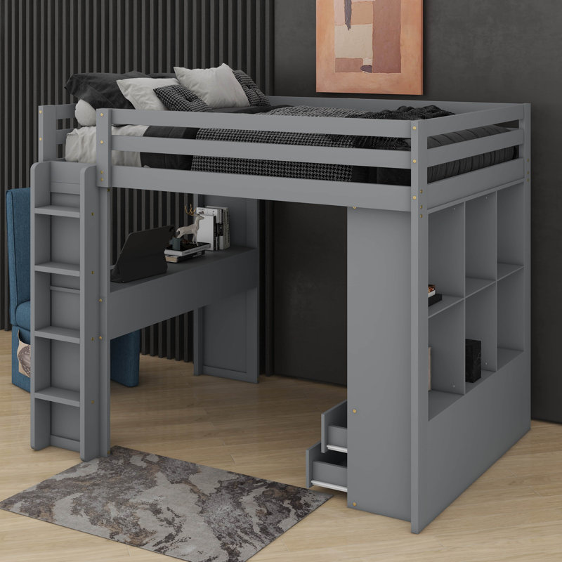 Lit mezzanine double avec grandes tablettes, bureau et DEL, Gris