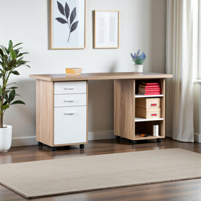 Weston White Finish 3-Piece Modular Desk with Casters, 29.7" H X 57.37" W X 23.04" D