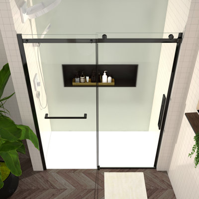 S-RM6076TB Porte de douche coulissante l 56 à 60 po x H 76 po, porte de douche en verre sans cadre avec quincaillerie noir mat, barre à serviette et poignée, livraison directe disponible