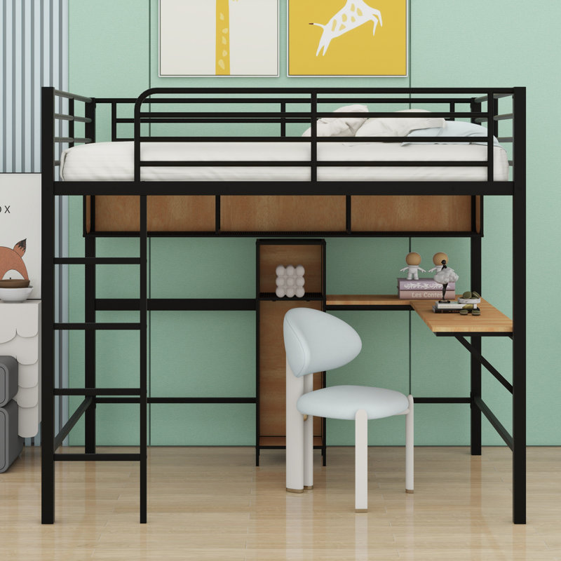 Lit mezzanine avec bureau en L et tablettes