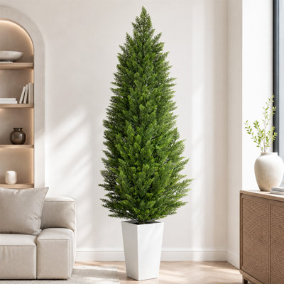 7FTArtificial Cypress Cedar Fake Tree, Dense Foliage Artificial Trees for Indoors, Conical Green Artificial Shrubs for Indoors Home Entryway Table Decor