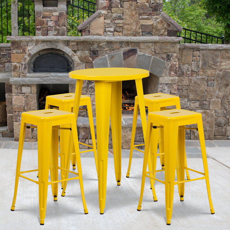 Colbert 30'' Round Metal Indoor-Outdoor Bar Table Set with 4 Square Seat Backless Stools, Yellow, 41" H x 24" W x 24" L