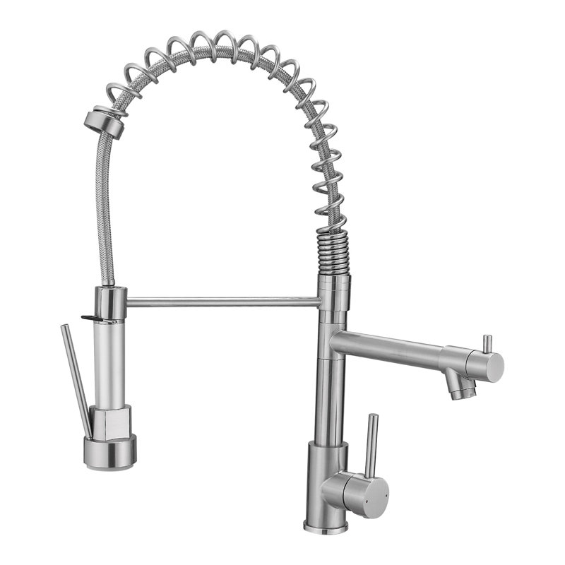 Robinet de cuisine avec robinet rétractable, nickel brossé, construction, longue durée de vie, poignée simple, finition nickel, acier inoxydable, économiseur d'eau