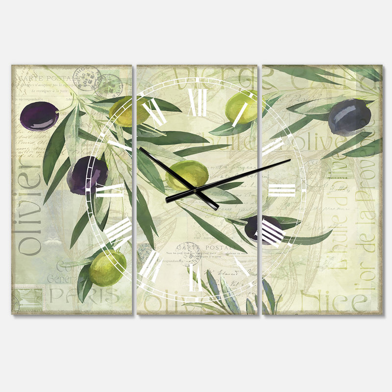 Horloge murale surdimensionnée 3 panneaux Olives de Nice