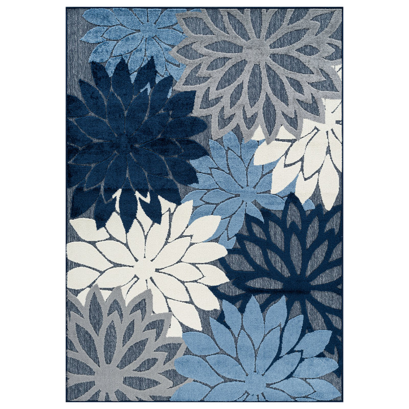 Tapis floral bleu marine / ivoire intérieur / extérieur, Rectangulaire 7 pi 10 po x 10 pi, Marine
