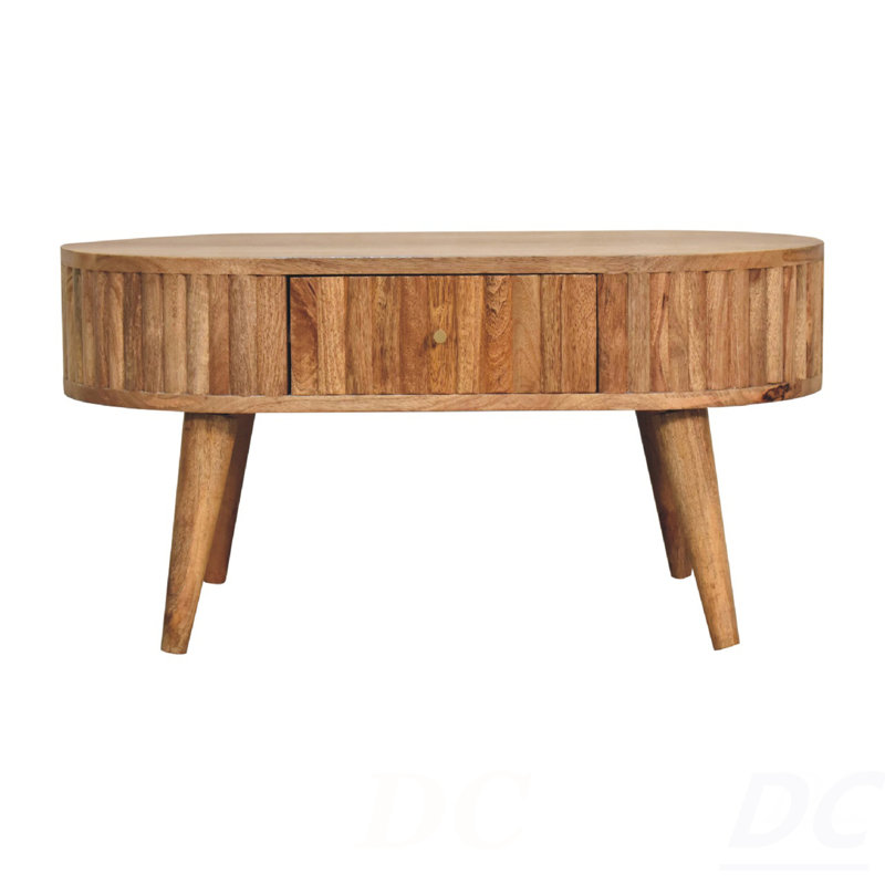 Table basse rayée en bois massif, 2 tiroirs, pieds nordiques, brun clair, table