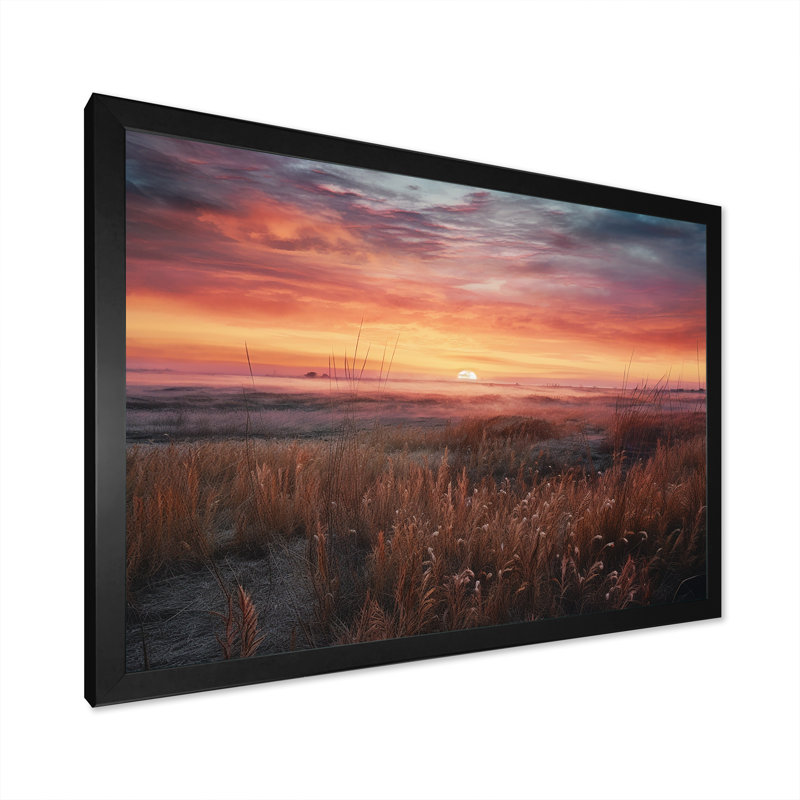 Prairies tranquilles au lever du soleil I, Cadre simple noir, H 12 po x l 20 po x P 1 po