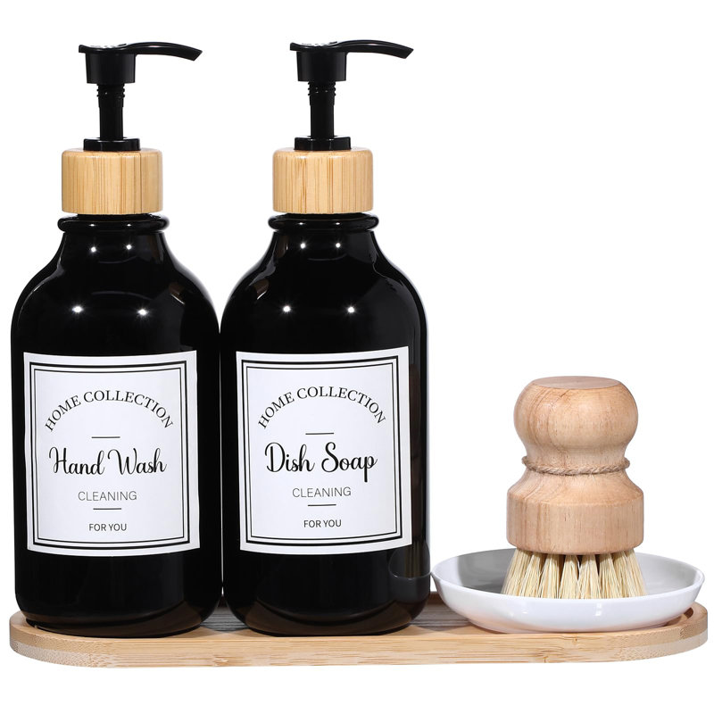 Ensemble de distributeur de savon de cuisine 4 pièces avec plateau en bambou et brosse à vaisselle en plastique 4 oz, Noir