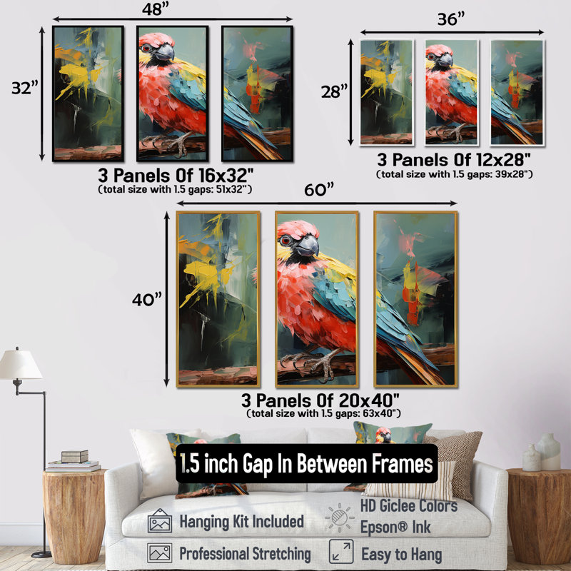 Perroquets roses et verts, arbre floral Harmony II - art mural perroquet, Cadre flottant noir, H 40 po x l 61 po