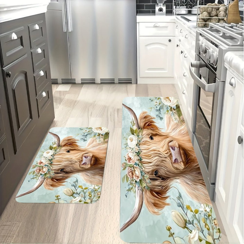 Ensemble de 2 tapis de cuisine Highland Cow Floral Farmhouse