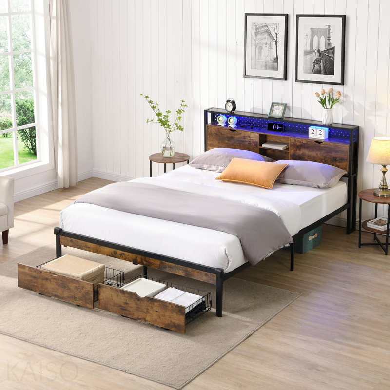 Base de lit plateforme très grand en métal avec tête de lit en bois et pied de lit USB, station de charge, 2 tiroirs, rangement, lumières DEL, aucun sommier requis, assemblage facile