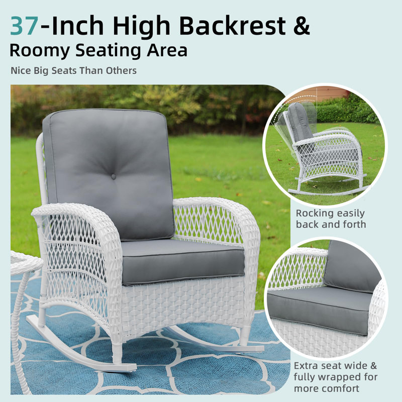 White Wicker Outdoor Rocking Chairs with Gray Cushions, Set of 2