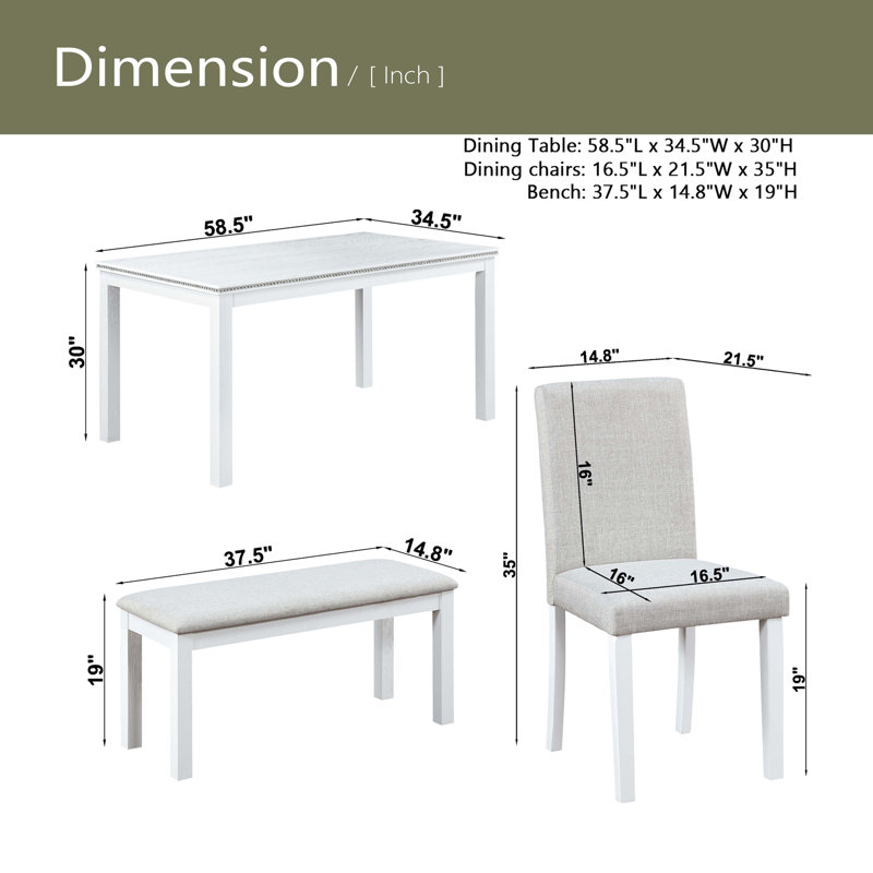 Ensemble de table à manger en bois 6 pièces, table en bois avec 4 chaises rembourrées et banc pour 6 personnes, Blanc