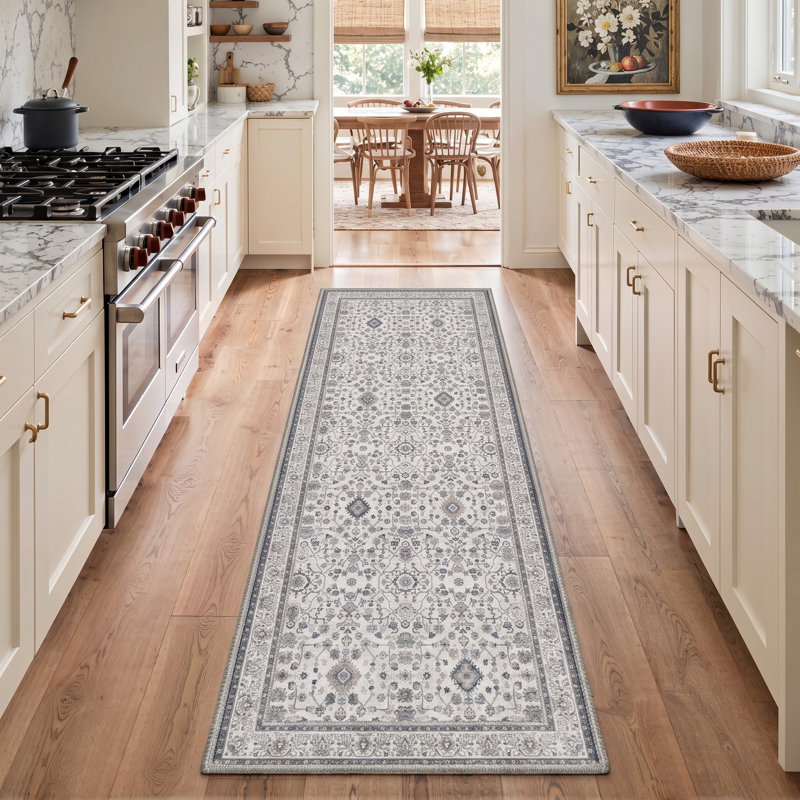 Tapis de couloir traditionnel gris/bleu oriental, performant, à poils courts, lavable et antidérapant