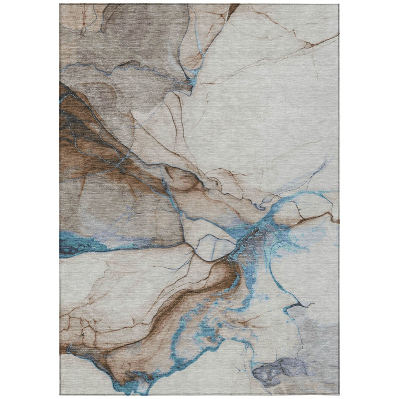 Tapis extérieur lavable abstrait beige et bleu 10 pi x 14 pi
