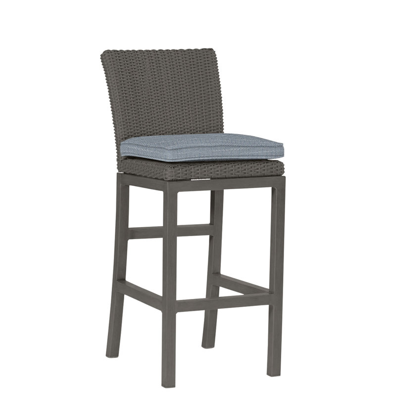Rustic 30.5" Patio Bar Stool with Cushion, Welt, Slate Gray, Rollo Chambray InsideOut® Linen