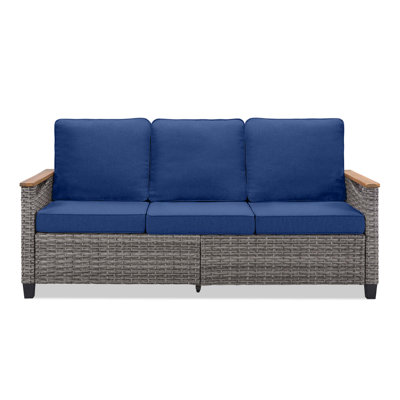 69.7 Inch Wide Outdoor Wicker Patio Sofa, Deep Seating Comfort With Plush Cushions For Porch And Garden, Blue