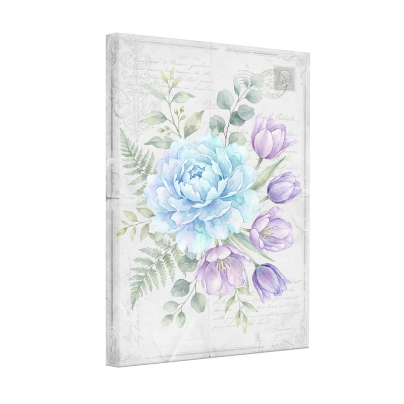 Bouquet de plantes et de fleurs avec rose bleue et tulipes mauves, H 18 po x l 12 po