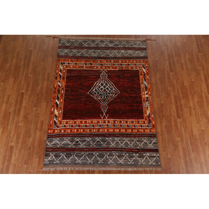Tapis rouge en laine noué à la main de conception unique 6 pi 3 po x 8 pi 10 po New Age