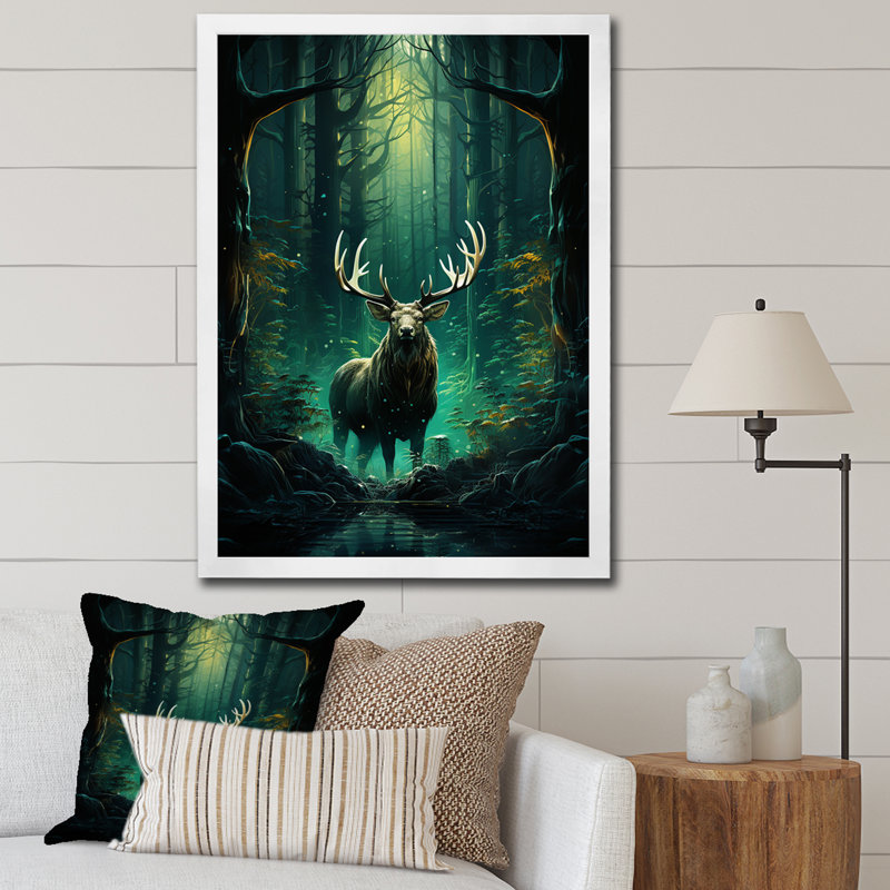 «Lagrant Teal Green Moose Enchanted Forest II», reproduction sur toile, H 20 po x l 12 po x P 1 po, Cadre photo blanc