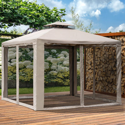 Pavillon de jardin d'extérieur de 9,6 pi x 9,6 po Outsunny, abri de jardin avec toit à 2 niveaux et filet, structure en acier pour le jardin, la pelouse, la cour et la terrasse