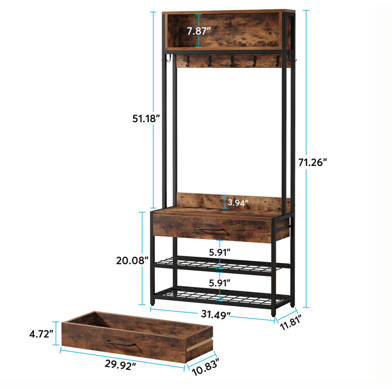 Rikijs Hall Tree 32'' Wide with Bench and Shoe Storage