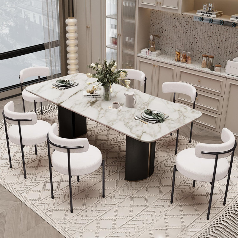 Boucle Dining Chairs Set of 2 Teddy Upholstered Dining Room Chairs Kitchen Chairs with Metal Legs Mid Century Modern Chair for Dining Room, Kitchen (Black Frame+White, 2)