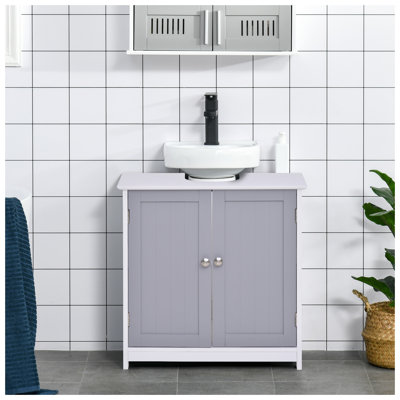 kleankin Pedestal Sink Storage Cabinet, Vanity Base Cabinet, Under Sink Bathroom Cabinet with U-shape Cut-Out and Adjustable Internal Shelf, White and Gray