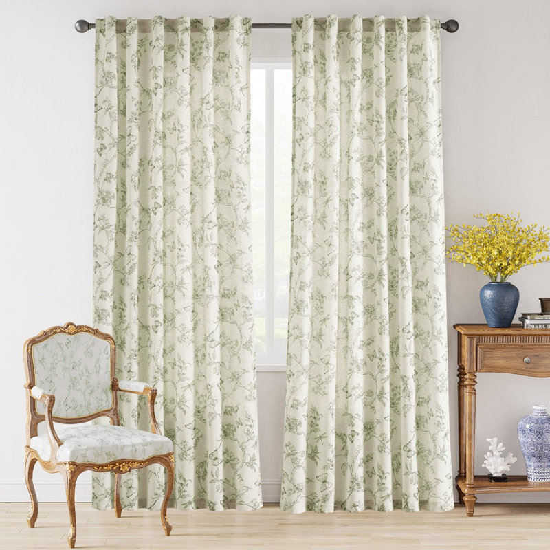 Green Floral Curtains 84 Inch Length Linen Farmhouse Curtain Back Tab Drapes For Living Room Bedroom Light Filtering Vintage Rod Pocket Curtains, 2 Panels, Green On Beige
