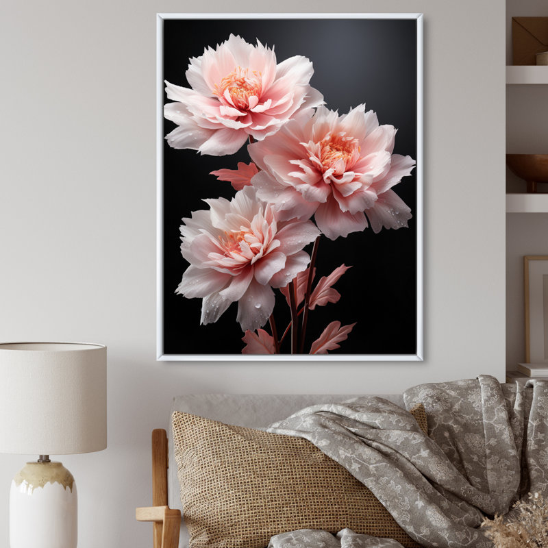 «Charolene Pink Black Mute Pivoines», reproduction sur toile, H 44 po x l 34 po x P 1,5 po, Cadre flottant blanc