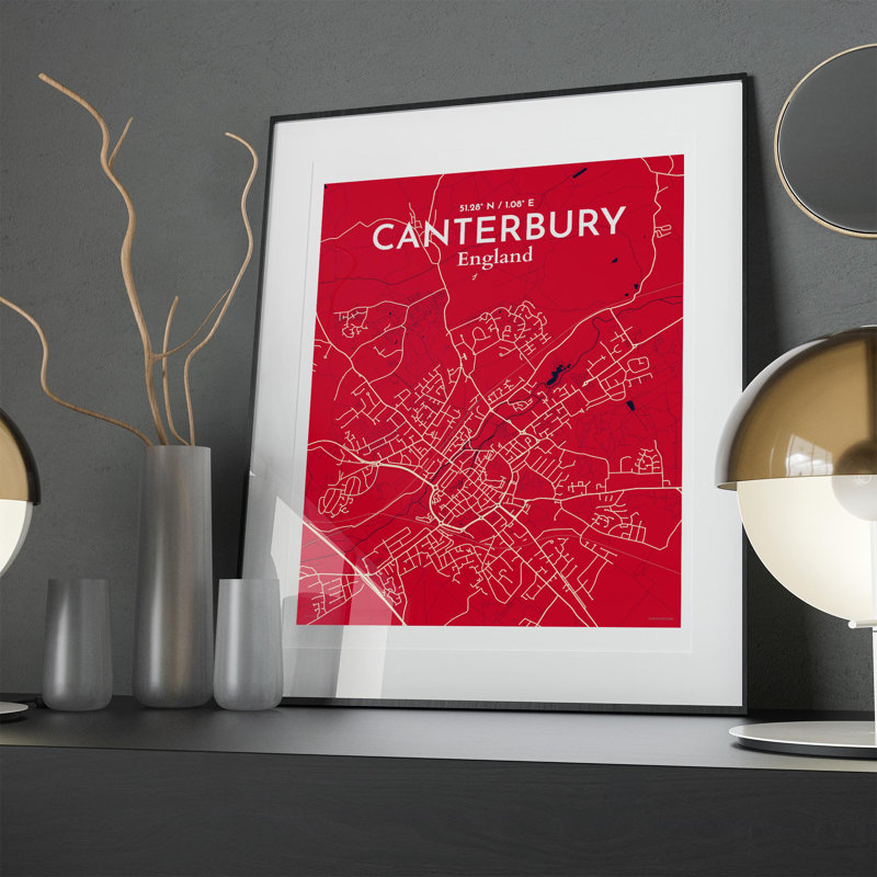 Canterbury City Map, impression, Rouge / Bleu marine, H 20 po x l 16 po x P 0,05 po