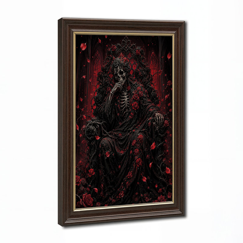 «Skeleton King» sur un trône épineux noir sur toile rouge d'Halloween, H 18 po x l 12 po