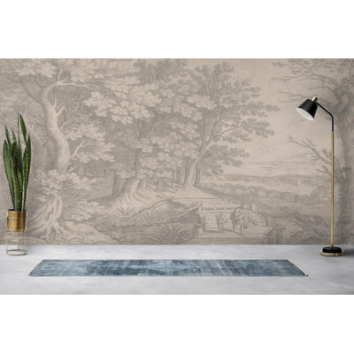 Engraved Pastoral Woodland Path Mural for Home Decor, Vintage Rustic Scenic Wall Art