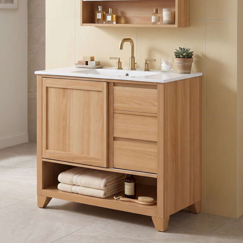 Meuble-lavabo autoportant avec lavabo en céramique, tiroirs à fermeture en douceur, porte d'armoire coulissante et tablette ouverte