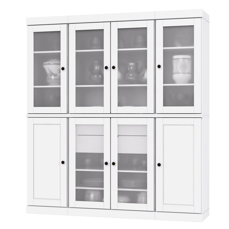 Vaisselier 100% bois massif 65 "avec portes en verre givré massif, 2 tiroirs et tablettes réglables, Blanc