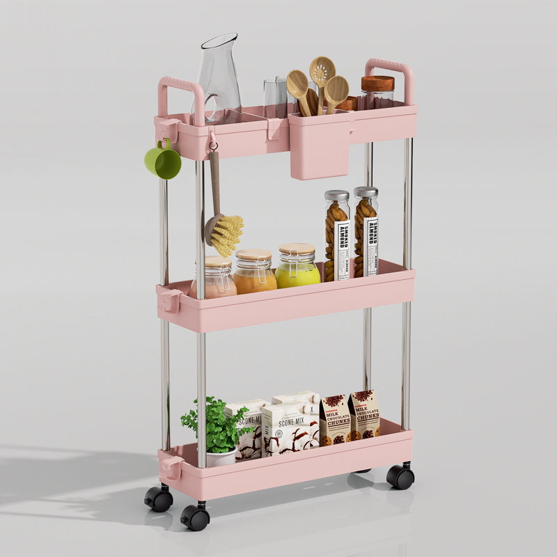 3-Tier Slim Rolling Storage Cart 15.04"W Plastic Utility Organizer 9 Hooks Locking Wheels & Mesh Baskets​​, Pink