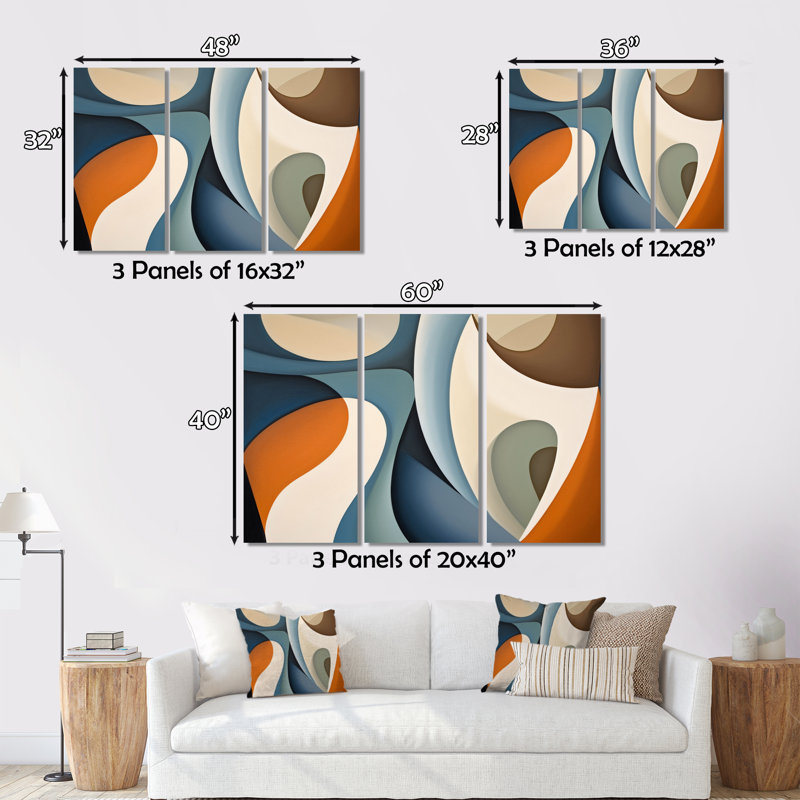 Blue Orange Symmetric Visions - 3 pièces, reproduction sur toile tendue, H 28 po x l 36 po x P 1 po